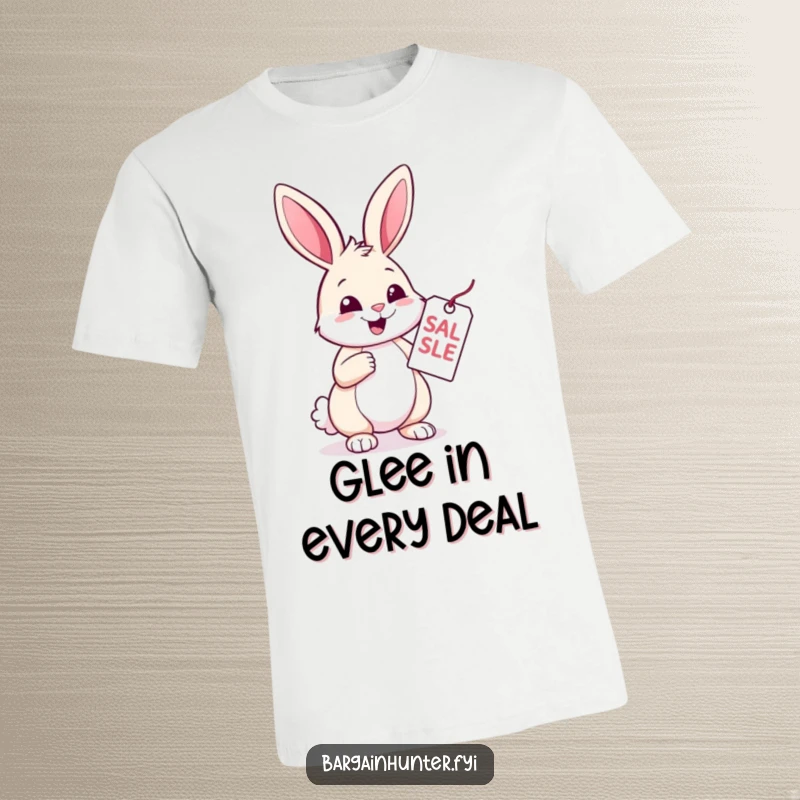 Funny Rabbit T-Shirt: A cheerful rabbit examines a sale tag with great glee. Humorous graphic tee for shoppers who love deals.