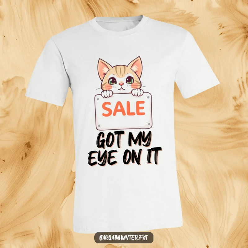 Funny cat peeking from behind a sale sign on a t-shirt, capturing a shopper's excitement and feline curiosity, great present.