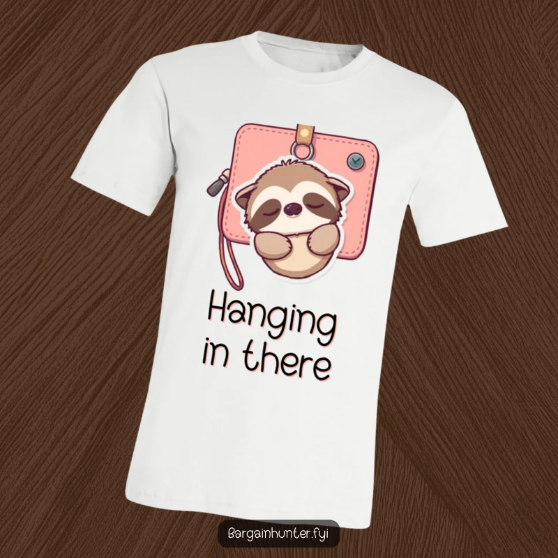 Funny t-shirt depicting a tranquil sloth hanging from a wallet, with a soft smile, embodying peace and unhurried living.