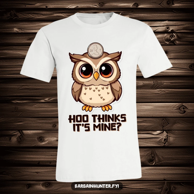 Funny surprised owl with big eyes spotting a penny on a t-shirt, expressing shock and delight, excellent present.