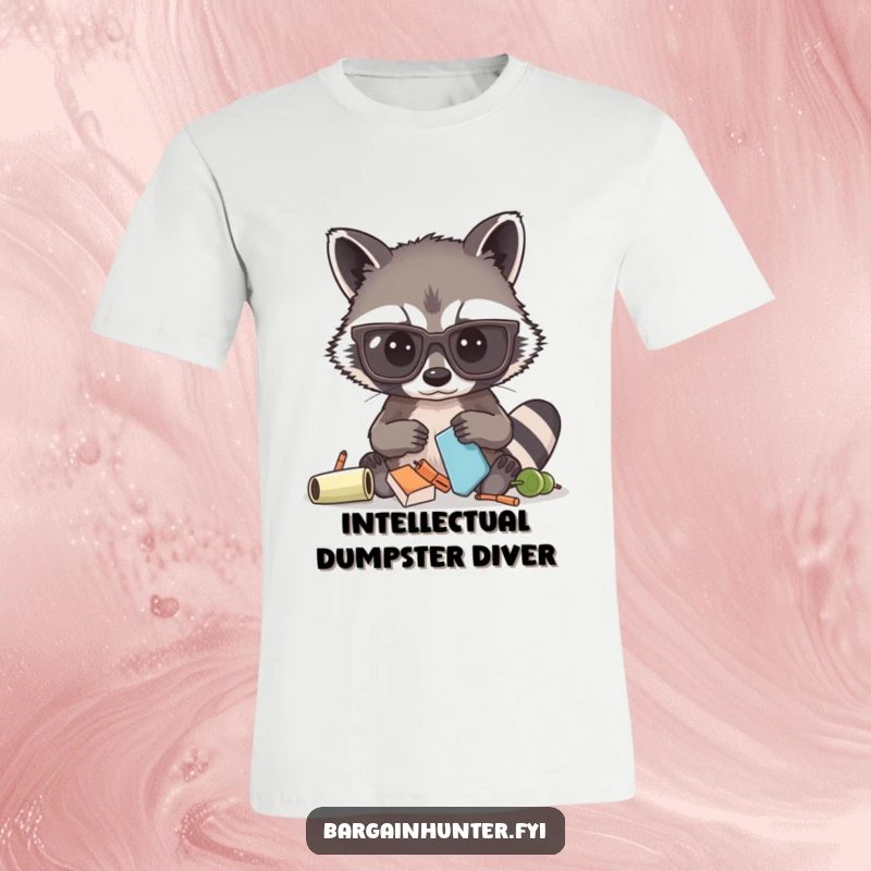 Funny t-shirt showing a curious raccoon wearing large glasses, actively sifting through various objects with a determined, humorous expression.