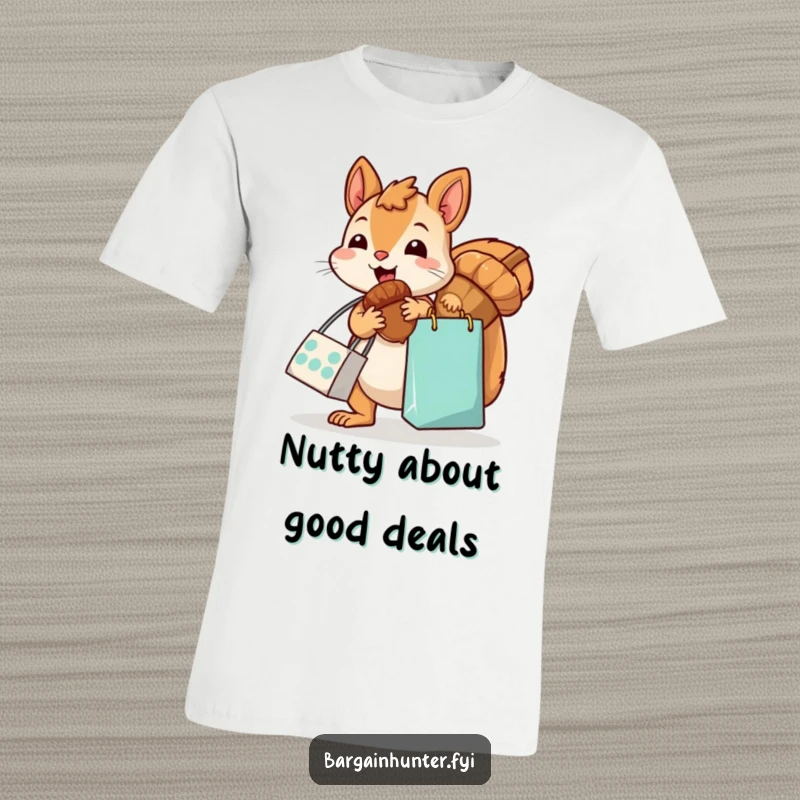 Funny, kawaii squirrel with a shopping bag, excitedly grabbing an oversized acorn, printed on a comfortable t-shirt, showcasing woodland humor.