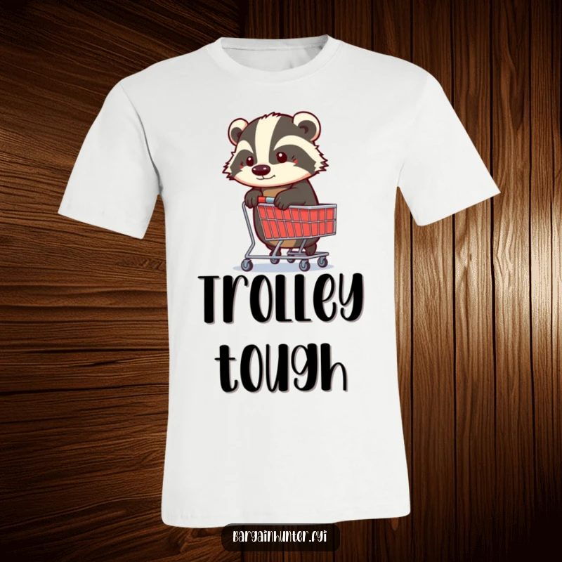Funny Badger T-Shirt: A determined badger tightly grips a shopping trolley, embodying focus and a humorous spirit.