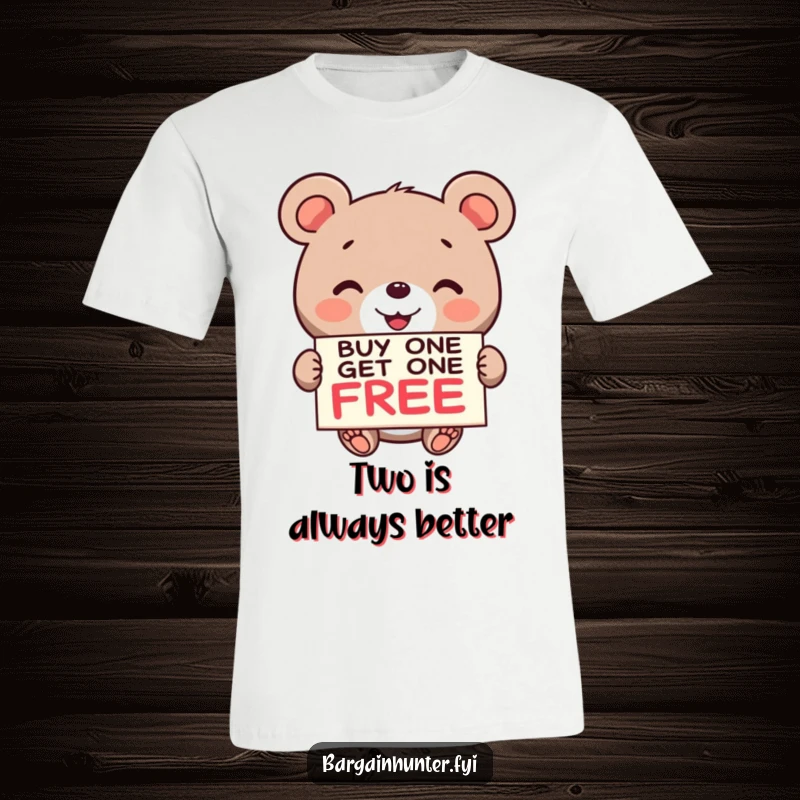 Funny Bear BOGO T-Shirt: A smiling bear enthusiastically waves a buy one get one free sign, perfect for bargain lovers.