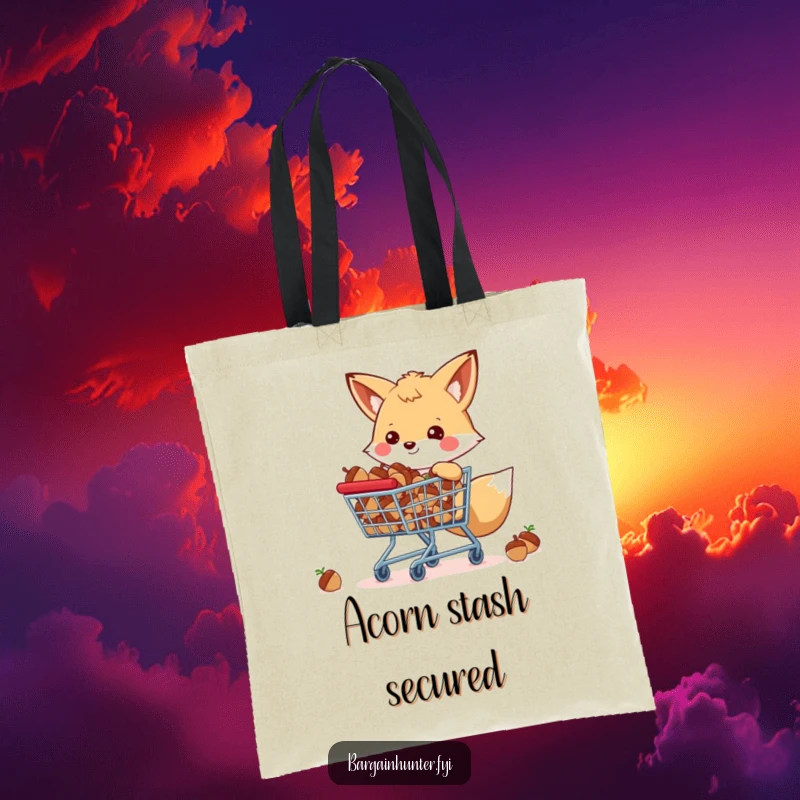 Funny happy fox with a shopping cart full of acorns, a practical tote bag for carrying treasures.