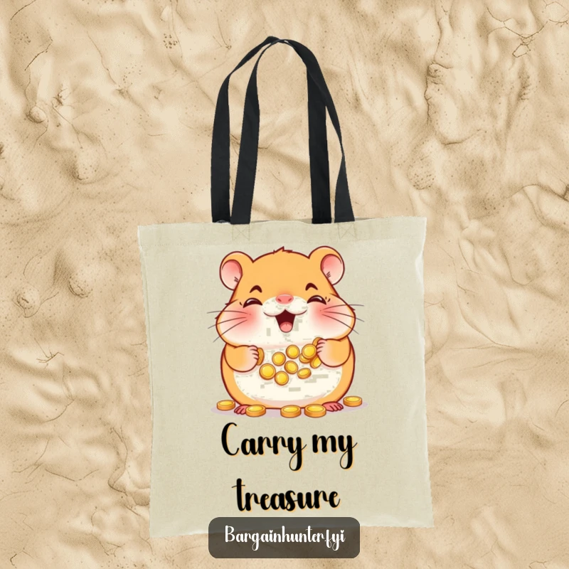 Funny Hamster Tote Bag: Smiling hamster with cheeks full of tiny gold coins, great for carrying essentials and savings dreams.