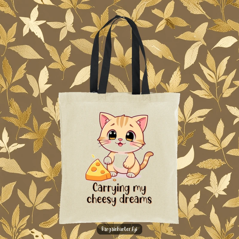Funny Cat Tote Bag: Durable bag showcasing a comical cat character, eyes locked on a delectable piece of cheese, ready to pounce.