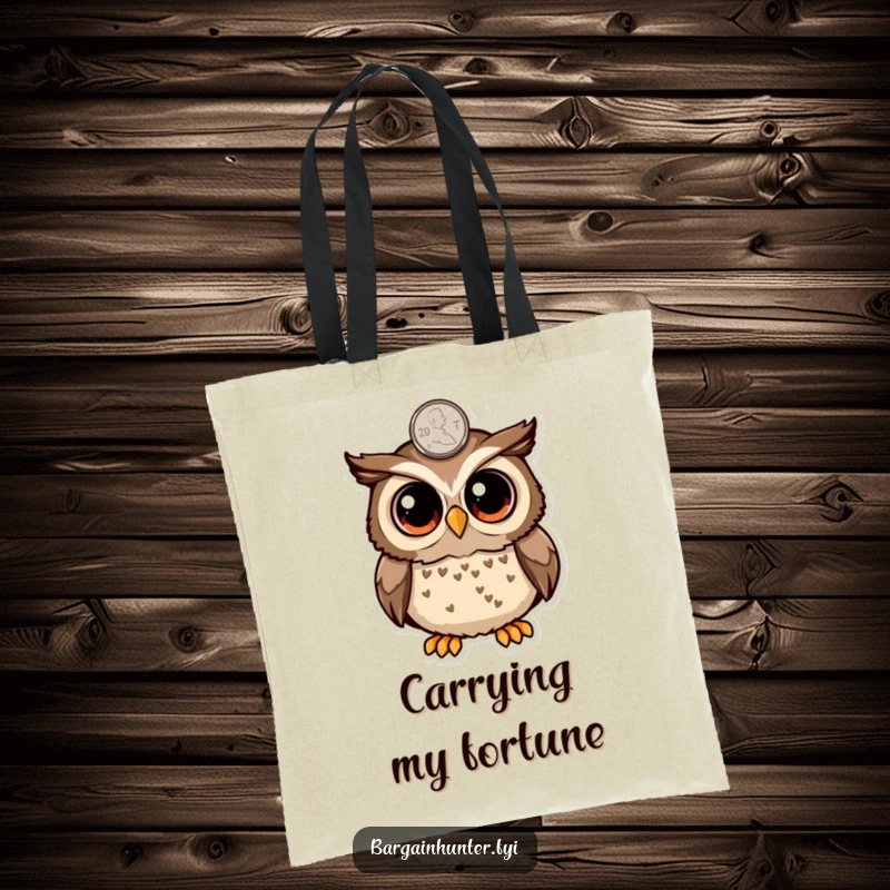 Funny surprised owl with big eyes spotting a penny on a tote bag, perfect for carrying essentials with a humorous twist.