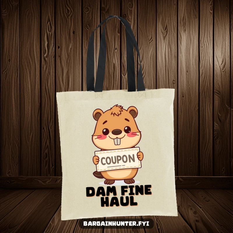 Funny happy beaver holding a coupon with a grin on a durable tote bag, perfect for shopping trips.