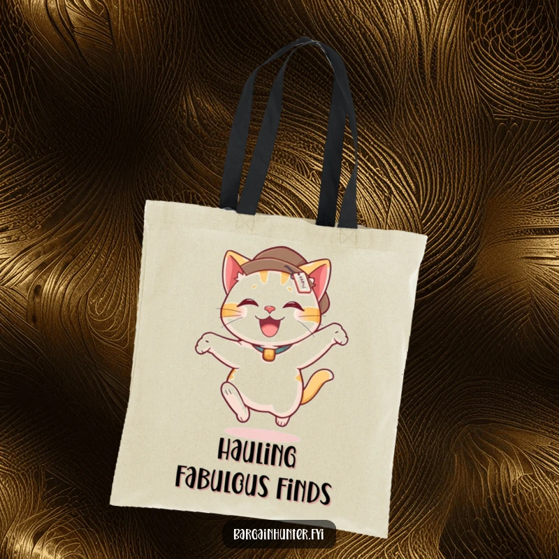 Funny tote bag showing a delighted cat in a hat with a price tag, in a dynamic leaping pose.