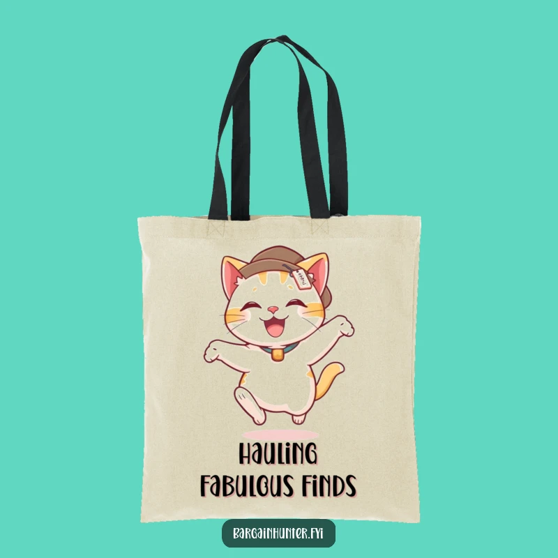 Funny Cat Leap Tote Bag: Delighted Feline in Hat with Price Tag - Shop Fun