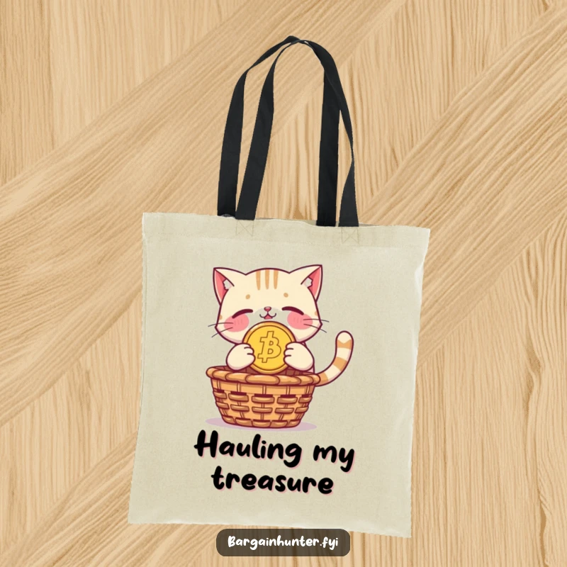 Funny tote bag: a cat proudly holds a giant coin, diving into a treasure basket.