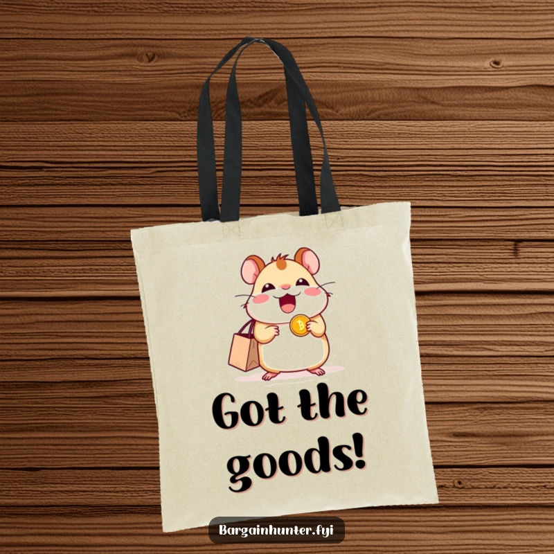 Funny excited hamster tote bag with a small shopping bag and a shiny coin, ready to carry purchases.