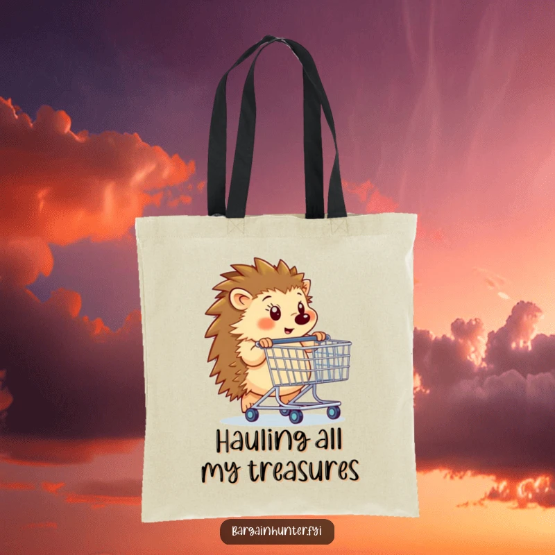 Funny hedgehog character with a massive shopping cart on a durable tote bag, perfect for grocery runs.