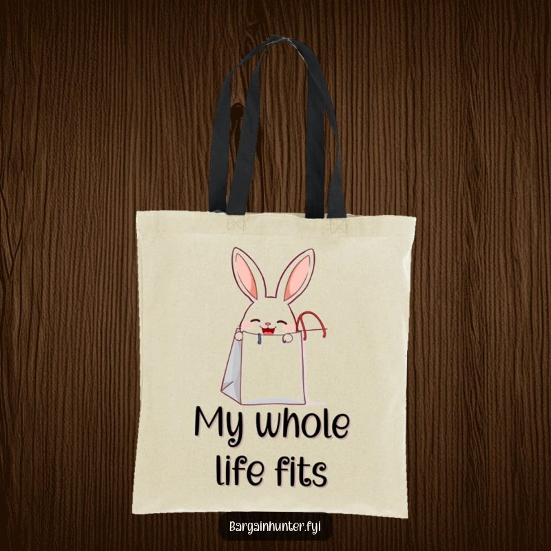 Funny joyful rabbit peeking out from a giant shopping bag, a practical tote bag for shopping trips.