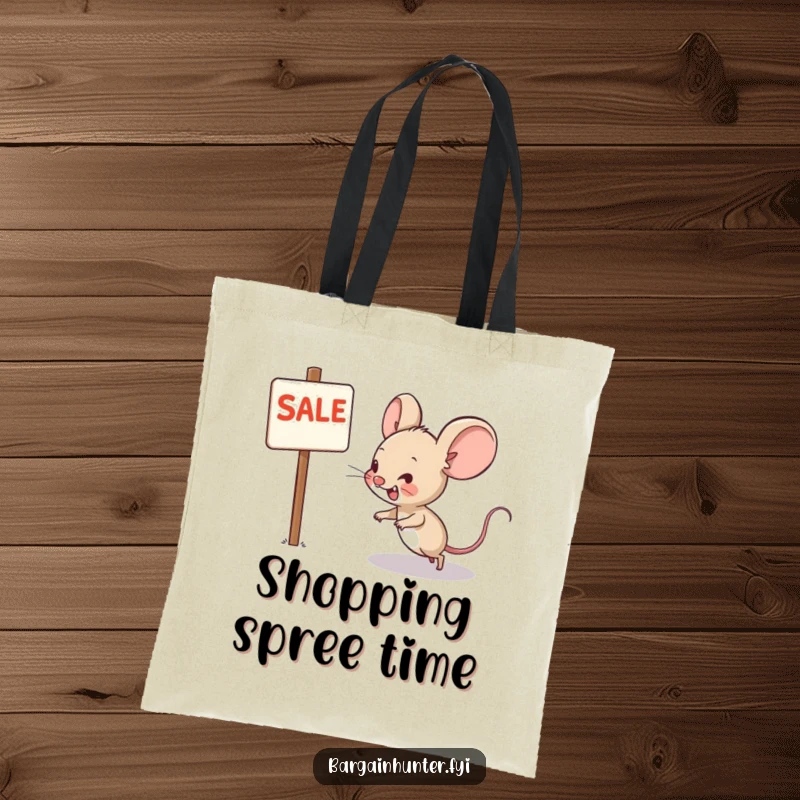 Funny tote bag with a grinning mouse character running towards a sale sign, a humorous companion for shopping trips.