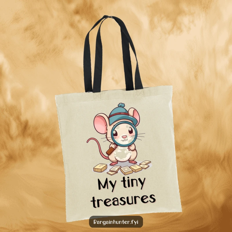 Funny Tote Bag featuring a mouse and a magnifying glass, perfect for carrying shopping treasures.