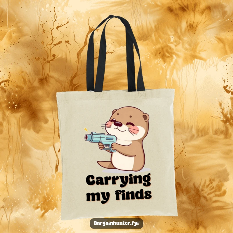 Funny giggling otter tote bag holding a tiny price gun, aiming it with a playful, deal-hunting focus.