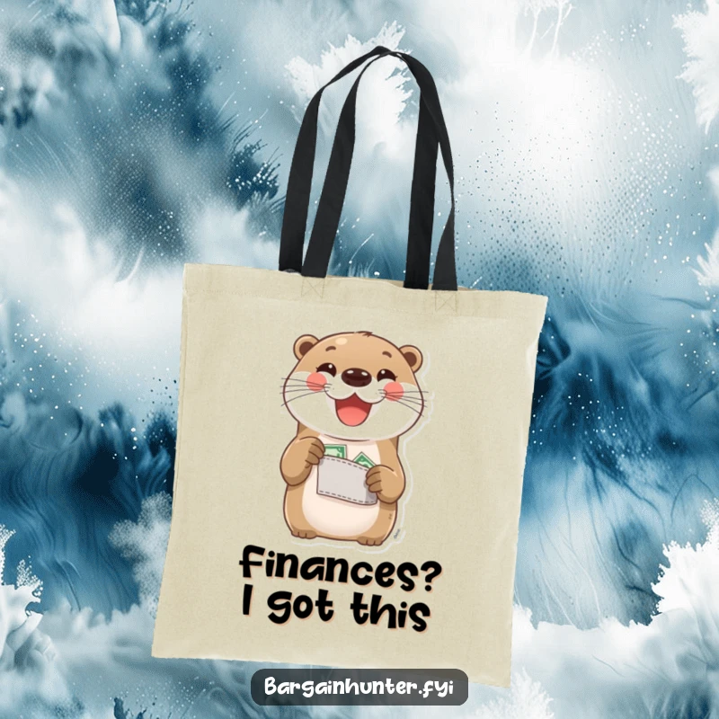 Funny Otter Tote Bag: A delighted otter proudly shows off its pocket change. Humorous and practical bag for proud savers.