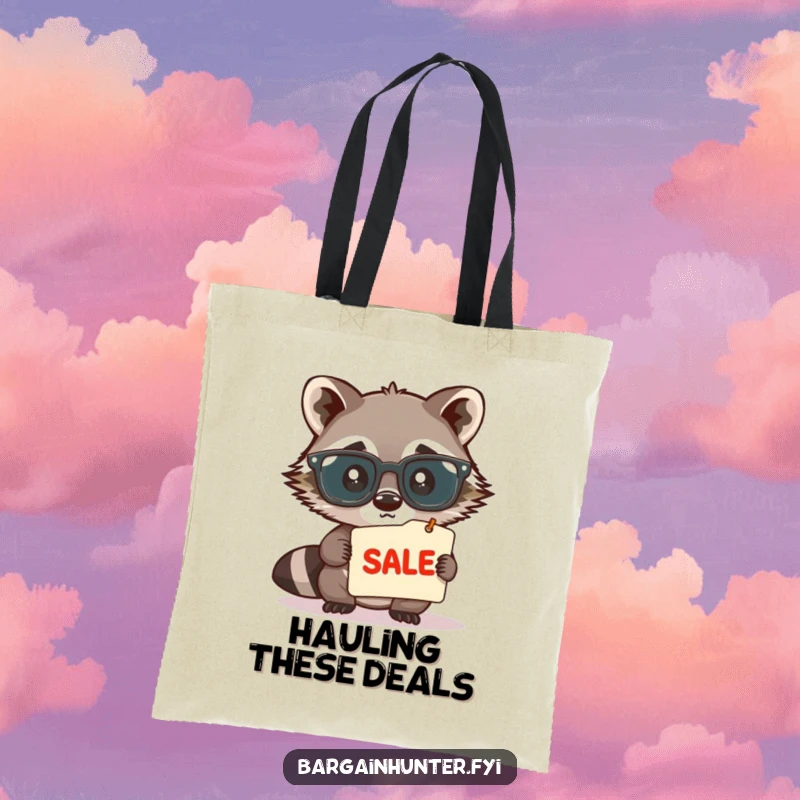 Funny, cute raccoon wearing large spectacles, peering intently at a sale tag, printed on a durable tote bag, showcasing bargain-hunting humor.