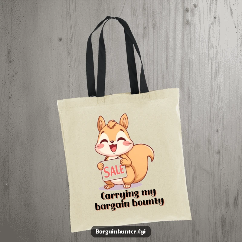 Funny squirrel tote bag with a delightful character holding a sale tag, great for carrying shopping finds with humor.