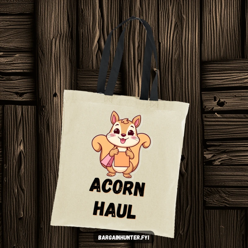 A happy, funny squirrel holding a shopping bag, designed for a practical and funny tote bag.