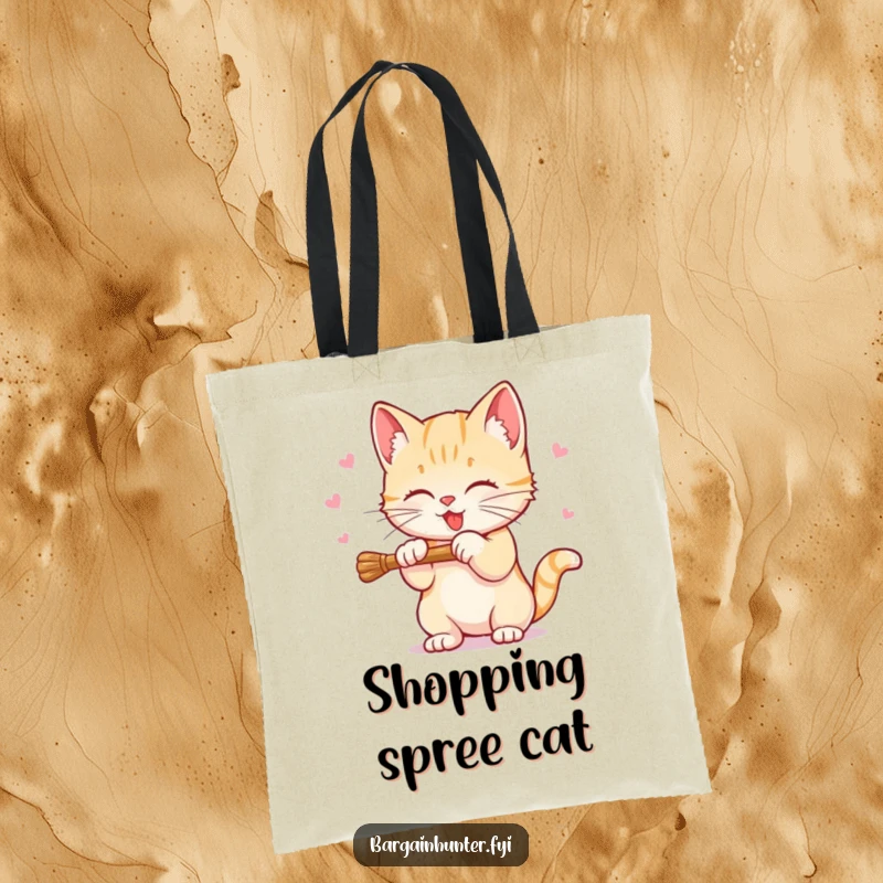 Funny Sweet Kitten Tote Bag with a kitten batting at a dangling discount price, a cute and humorous accessory for shopping.