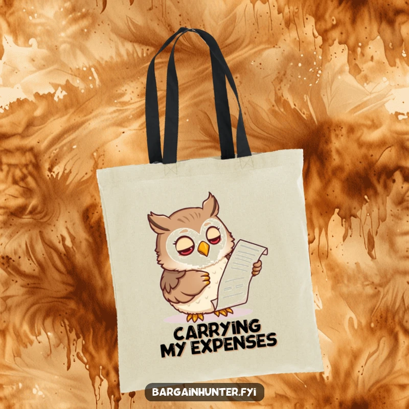 Funny tote bag showing a wise owl character examining a shopping receipt with a knowing expression, perfect for carrying essentials with smart humor.
