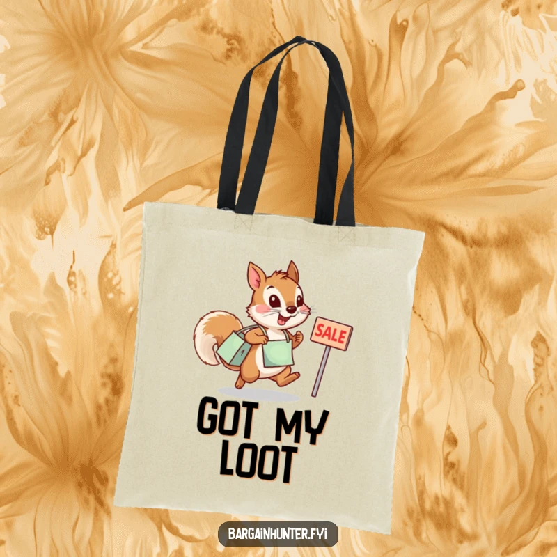 Funny squirrel tote bag featuring a determined squirrel with a shopping bag jumping enthusiastically at a sale sign.