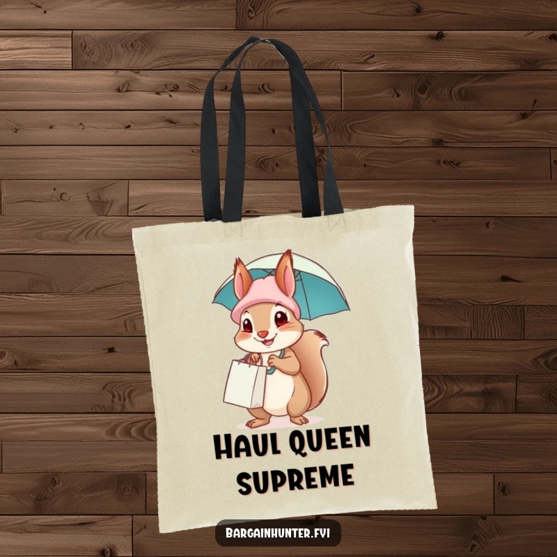 Funny squirrel adventurer with a shopping bag hat and umbrella, ready to carry groceries or treasures.