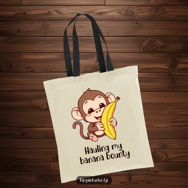 Funny monkey tote bag depicting a character attempting to haggle for a banana, perfect for carrying groceries with humor.
