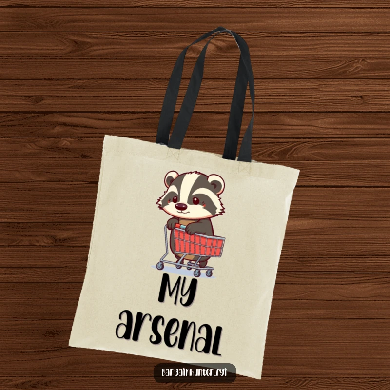 Funny Badger Tote Bag: A determined badger clutching a shopping trolley, ready for any shopping adventure with comedic resolve.