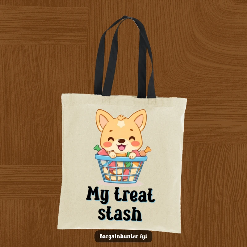 Funny tote bag with a smiling dog proudly guarding a shopping basket full of dog treats.