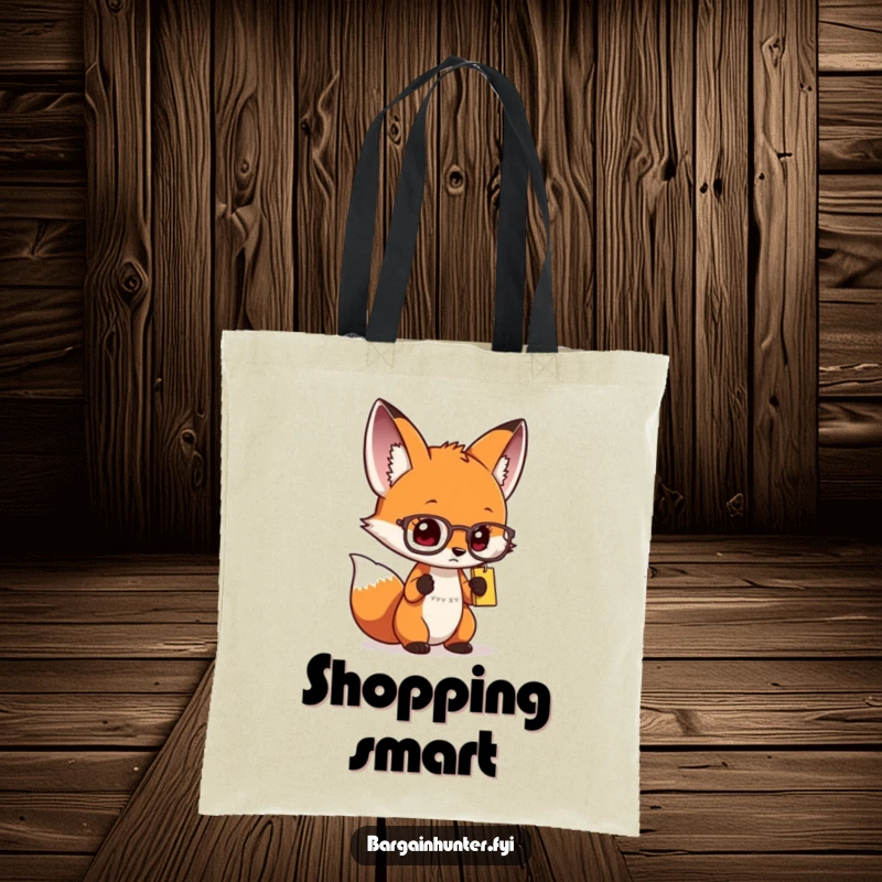 Funny curious fox tote bag wearing spectacles and examining a price tag, perfect for carrying essentials smartly.