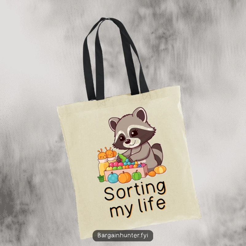 Funny Raccoon Collector Tote Bag: A cheerful raccoon sorts through a colorful display, ideal for carrying collected items.
