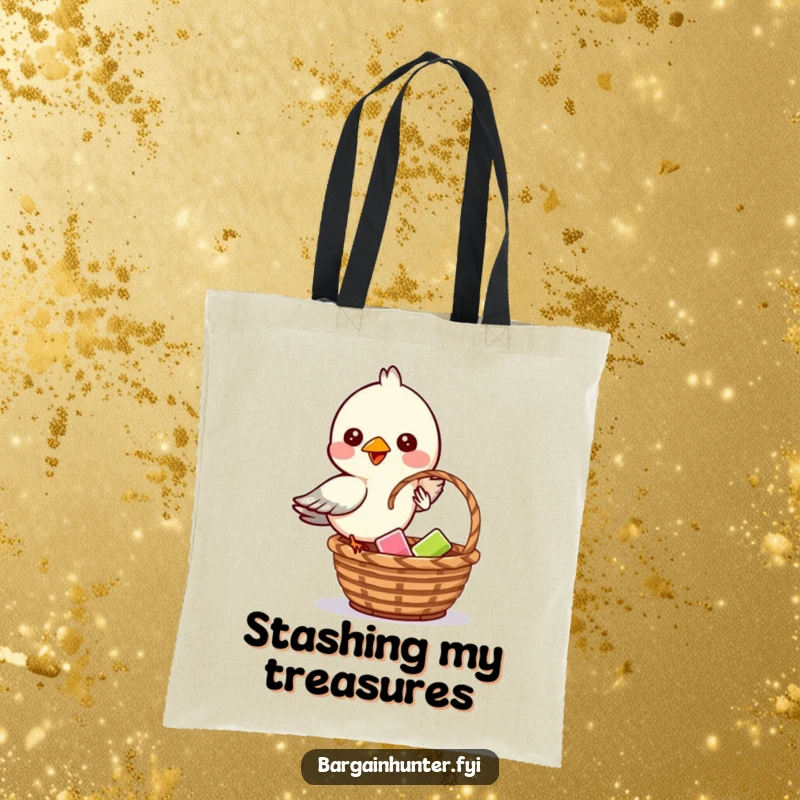 Funny tote bag with a mischievous bird in the process of dropping an item into a basket.