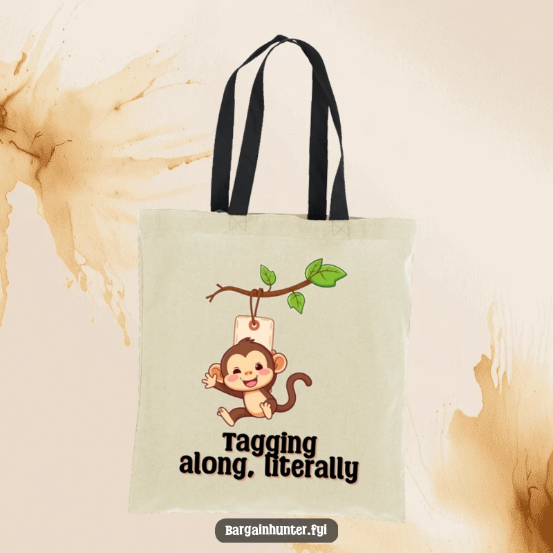 Funny monkey swinging from a price tag on a durable tote bag, great for shopping.