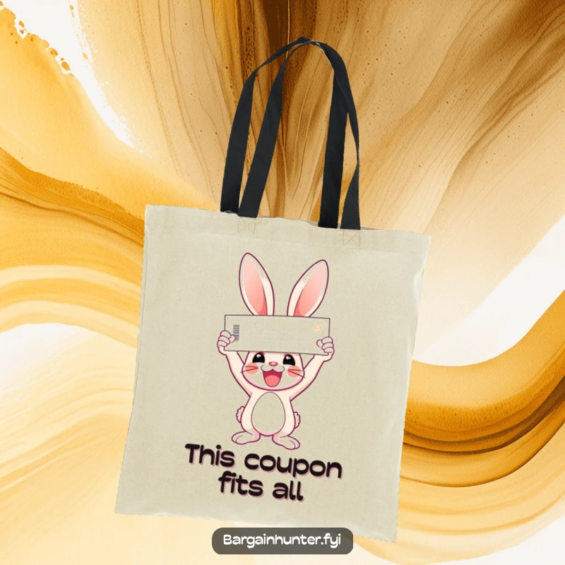 Funny bunny tote bag featuring a joyful bunny holding a giant coupon triumphantly.