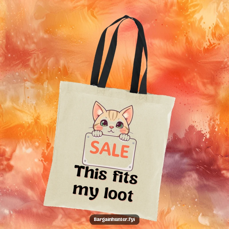 Funny cat peeking from behind a sale sign on a tote bag, ideal for carrying shopping finds with a touch of humor.